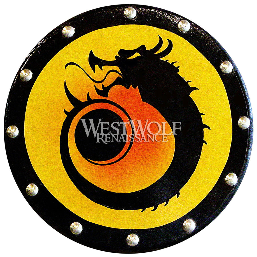 Round Dragon Buckler Shield with Sunburst Background