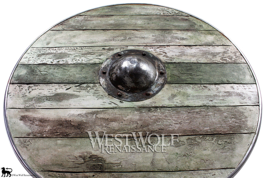 Aged Wood Viking Shield in Winter Moss