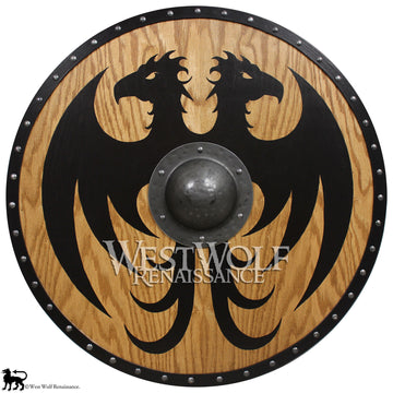 Solid Oak Viking Vulture Shield - Forged Iron Boss