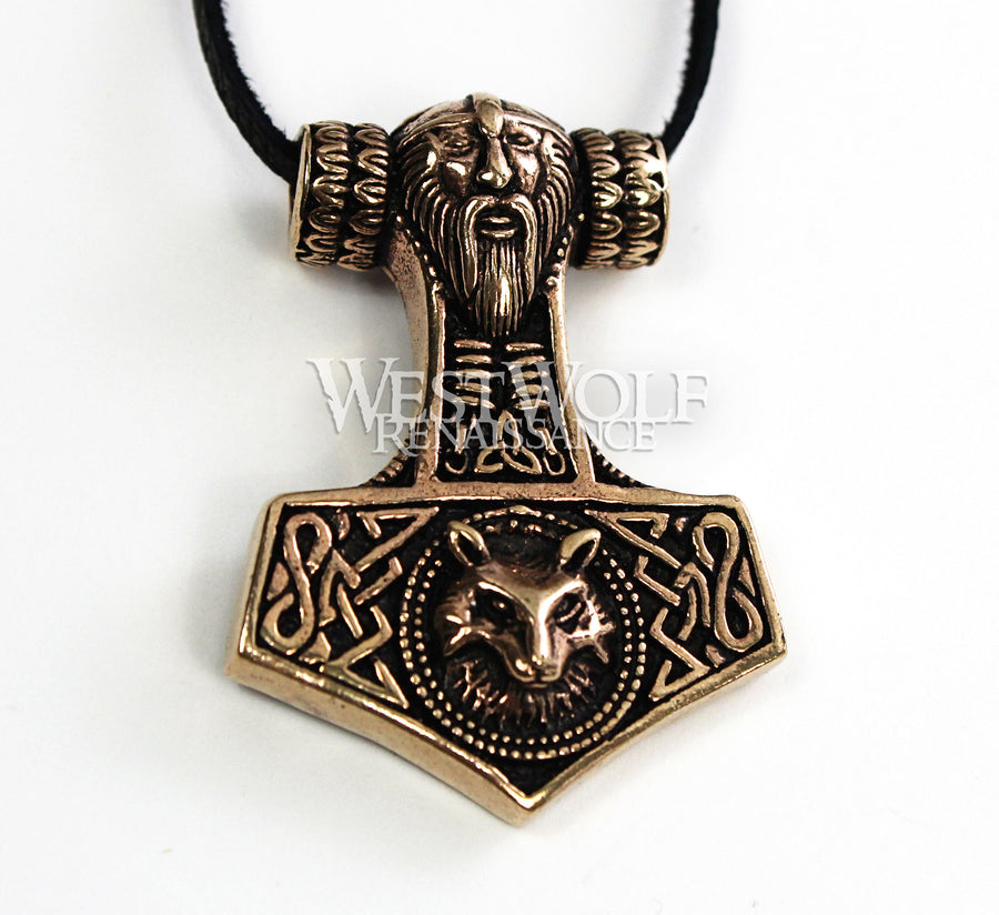 Bronze Viking Thor's Hammer Mjolnir Pendant with Odin and Wolf Head