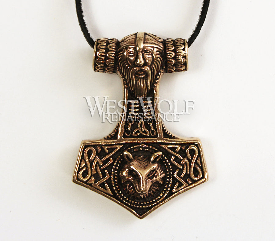Bronze Viking Thor's Hammer Mjolnir Pendant with Odin and Wolf Head