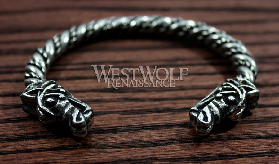 Large Silver Viking Wolf Head Bracelet