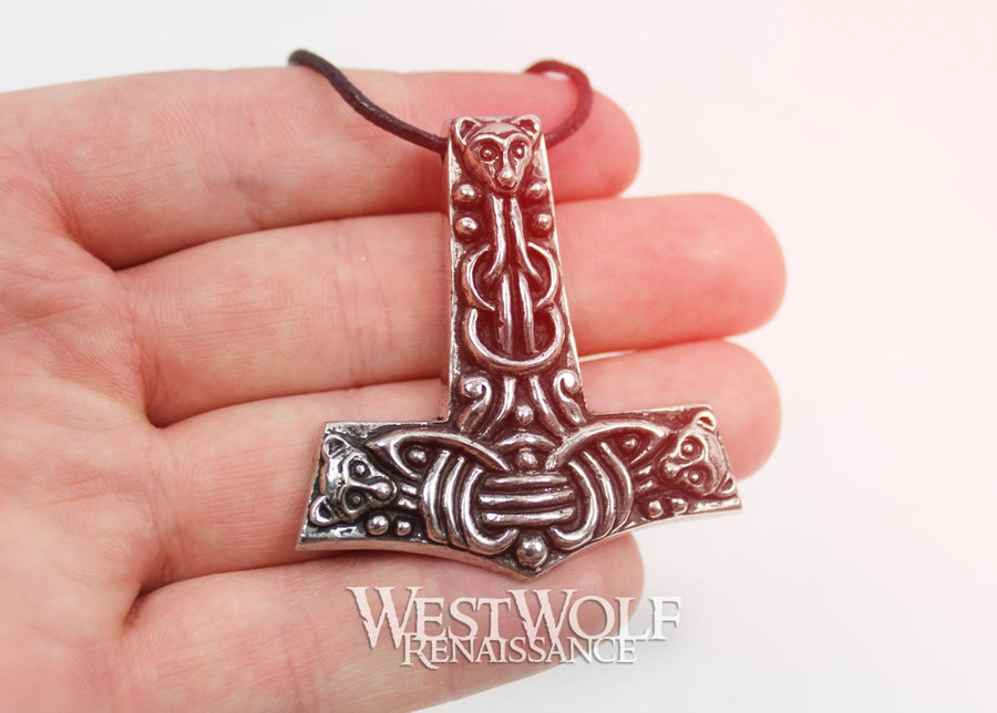 Silver Viking Thor's Hammer Pendant with Wolf Pups