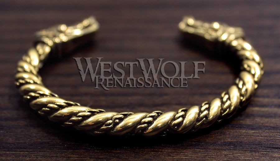 Viking Wolf Head Bracelet in Golden Bronze