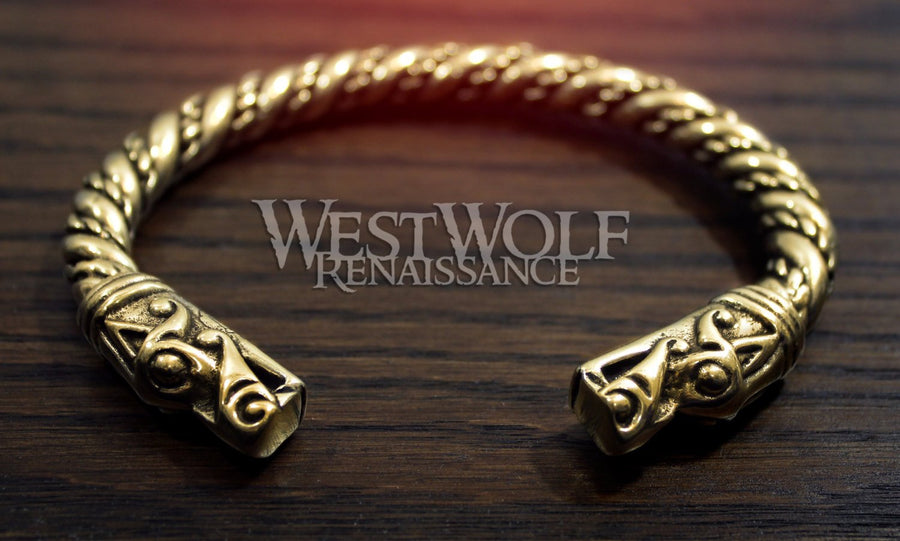 Viking Dragon Head Bracelet in Golden Bronze
