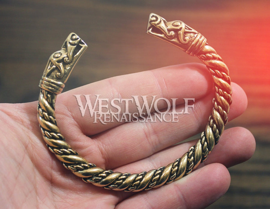 Viking Dragon Head Bracelet in Golden Bronze