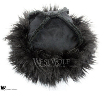 Black Fox Fur-Trimmed Viking Hat with Black Suede Top - (Faux Fur)