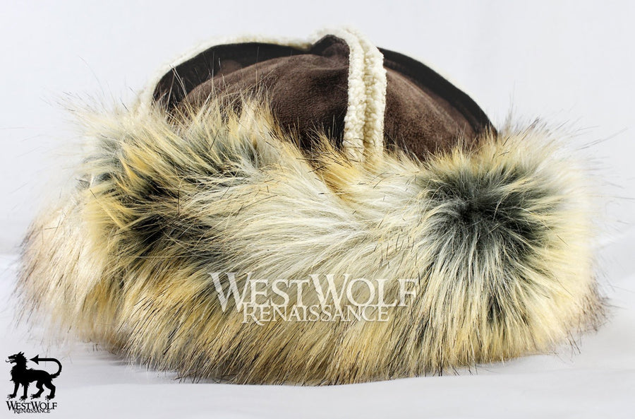 Wild Fox Fur-Trimmed Viking Hat with Brown Top