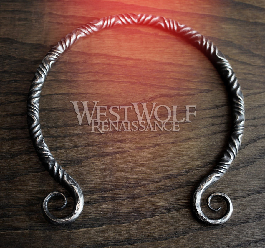 Hand-Forged Twisted Steel Medieval Neck Torc with Curled Terminals - Available in Multiple Sizes