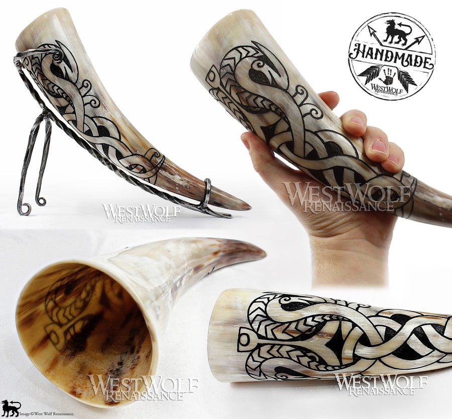 Hand-Carved Viking Dragon Drinking Horn with Forged Iron Stand