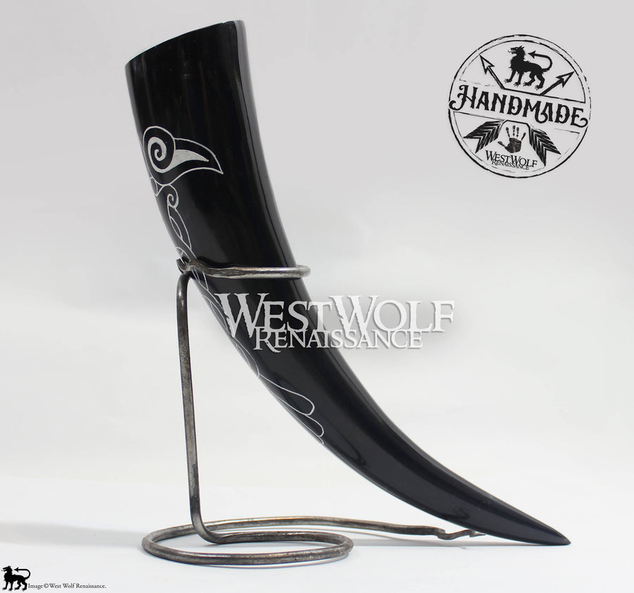 Hand-Carved Viking Raven Drinking Horn + Forged Iron Stand