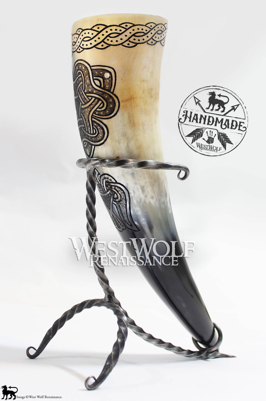 Hand-Carved Viking Raven and Knot Design Drinking Horn + Forged Iron Stand