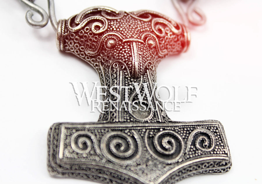 Viking Raven Hammer Mjolnir Pendant with Braided Leather Wolf Head Necklace