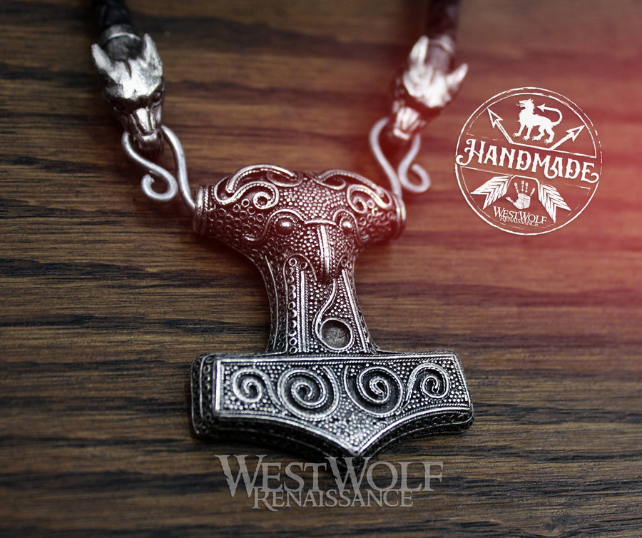 Viking Raven Hammer Mjolnir Pendant with Braided Leather Wolf Head Necklace