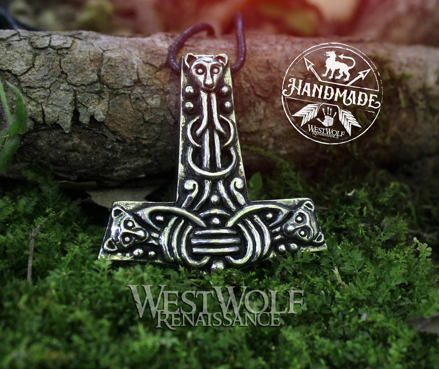 Silver Viking Thor's Hammer Pendant with Wolf Pups