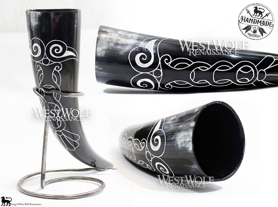 Hand-Carved Viking Raven Drinking Horn + Forged Iron Stand