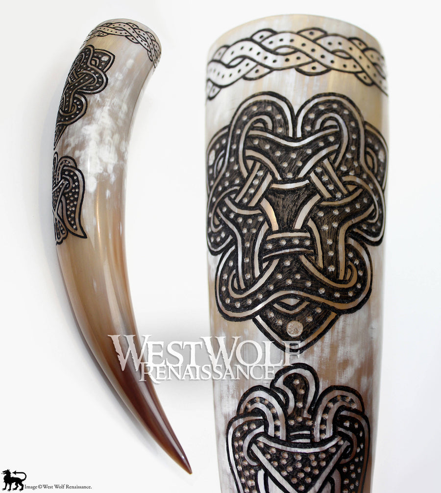 Hand-Carved Viking Raven and Knot Design Drinking Horn + Forged Iron Stand