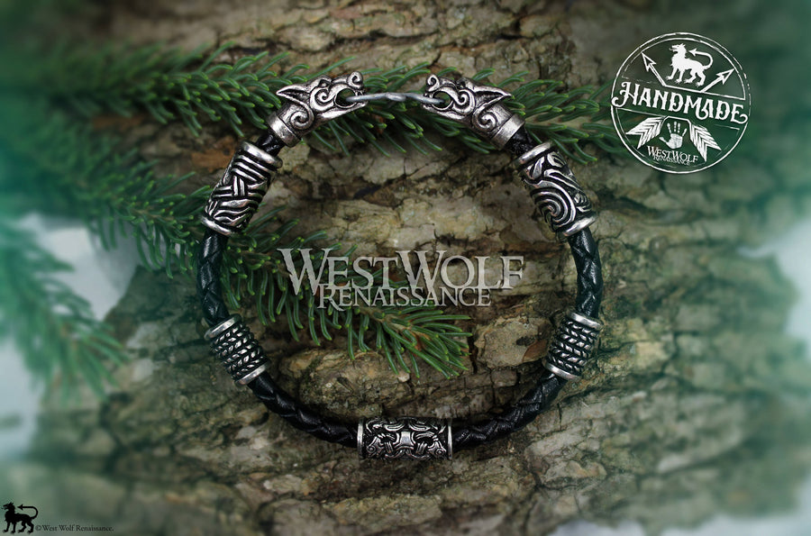 Viking Fenrir Wolf Bracelet with Beads & Braided Leather Band