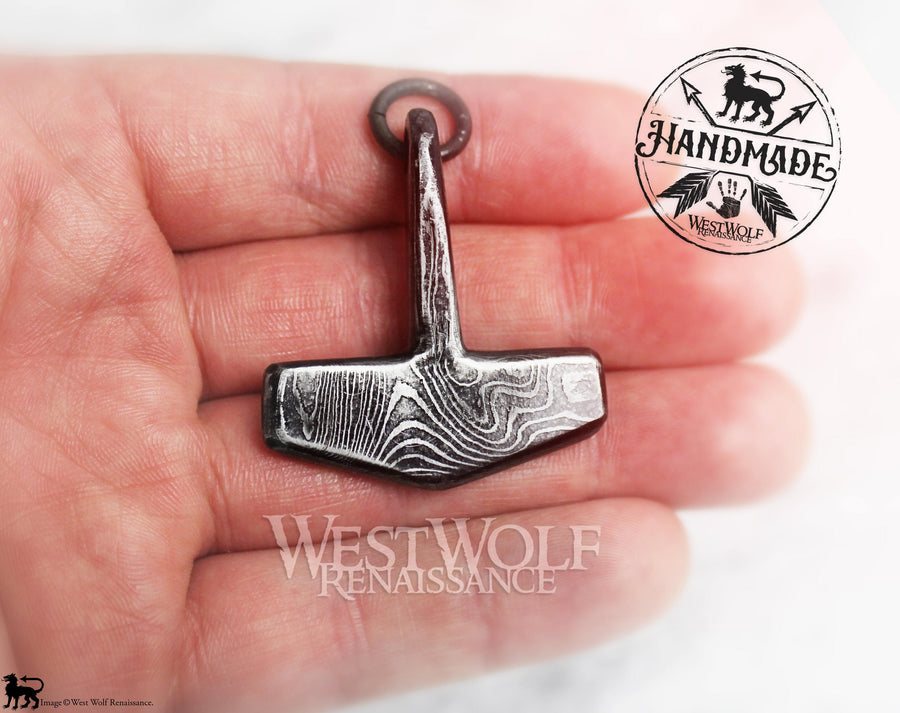 Damascus Steel Thor's Hammer Pendant - Hand-Forged
