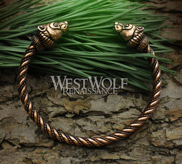Bronze Viking Bear Bracelet - Berserker Arm Ring with Twisted Bangle