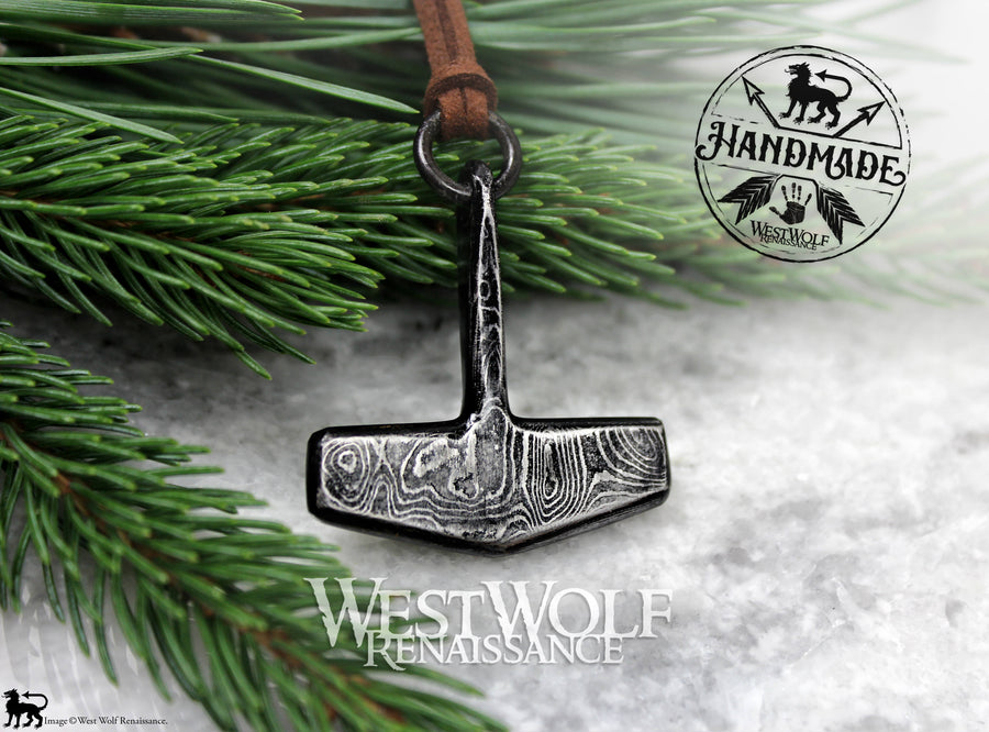 Damascus Steel Thor's Hammer Pendant - Hand-Forged