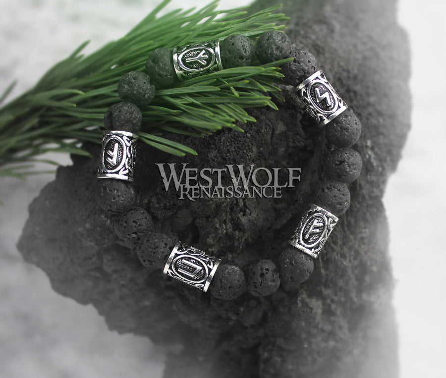 Icelandic Black Lava Rock Bracelet with Viking Rune Beads