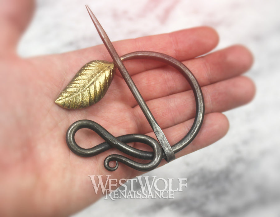 Hand-Forged Curled Steel Medieval Brooch with Gold Leaf