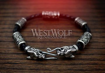 Viking Fenrir Wolf Bracelet with Beads & Braided Leather Band