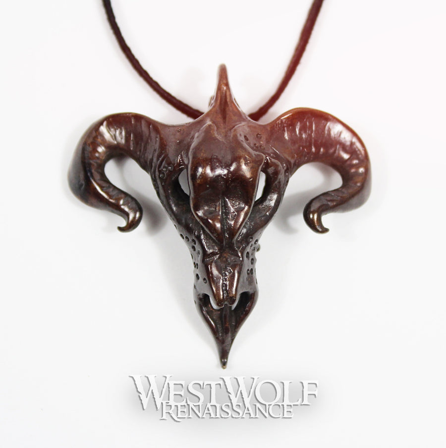 Horned Demon Goat Skull Pendant - Solid Bronze
