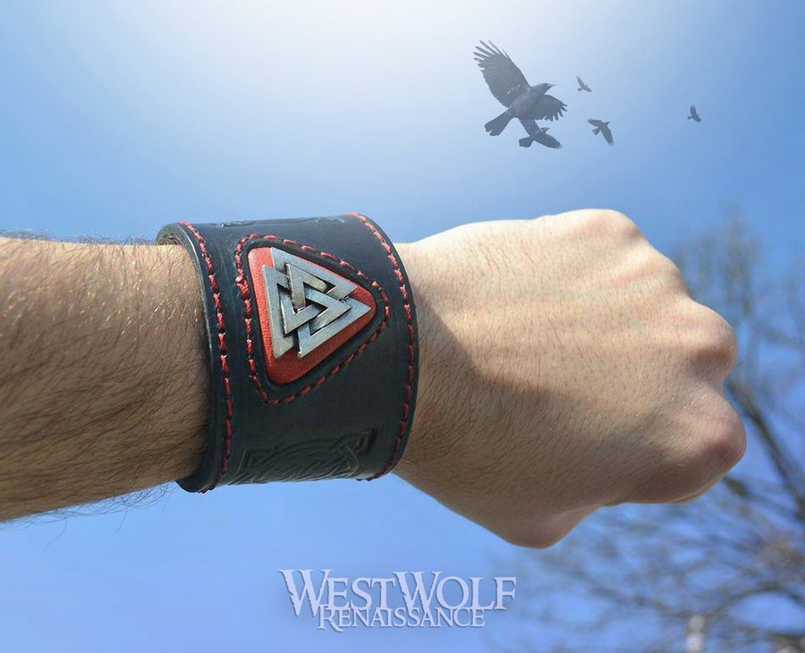 Leather Viking Valknut Bracelet or Wrist Cuff - Stitched Black & Red Leather