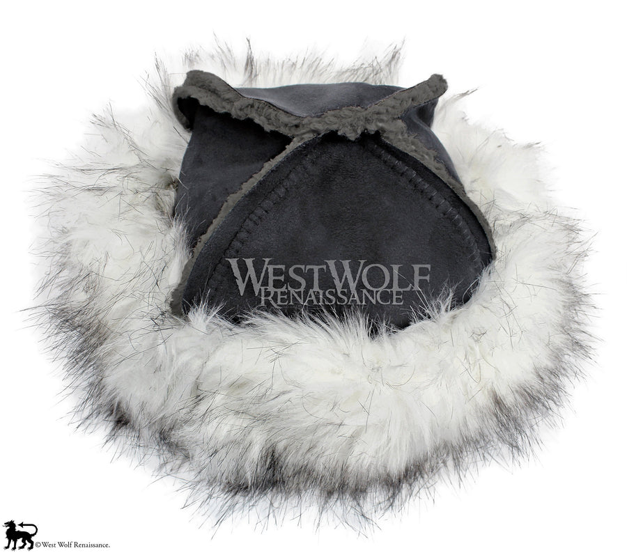 Black and White Fox Fur-Trimmed Viking Hat - (Faux Fur)