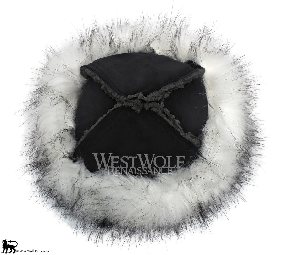 Black and White Fox Fur-Trimmed Viking Hat - (Faux Fur)