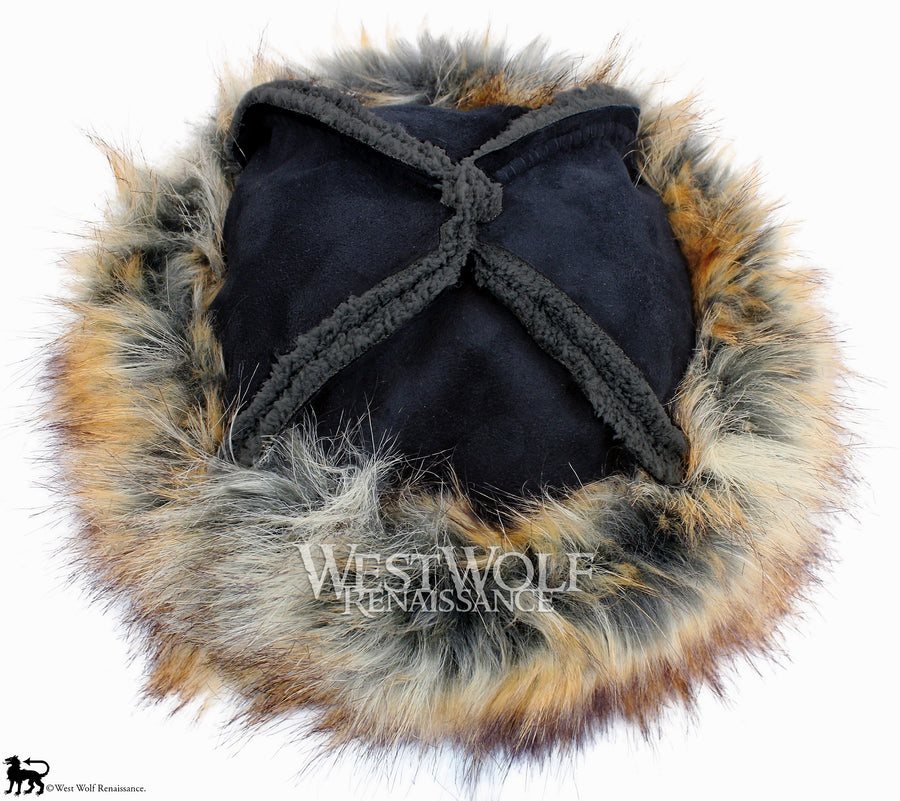 Red and Grey Fox Fur-Trimmed Viking Hat with Black Suede Top - (Faux Fur)