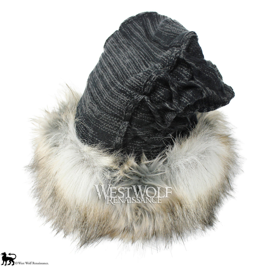 Silver Fox Fur Viking Hat with Woven Dark Grey Knit Top