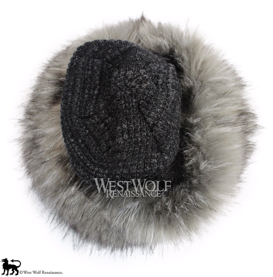 Grey Fox Fur Viking Hat with Woven Dark Grey Knit Top