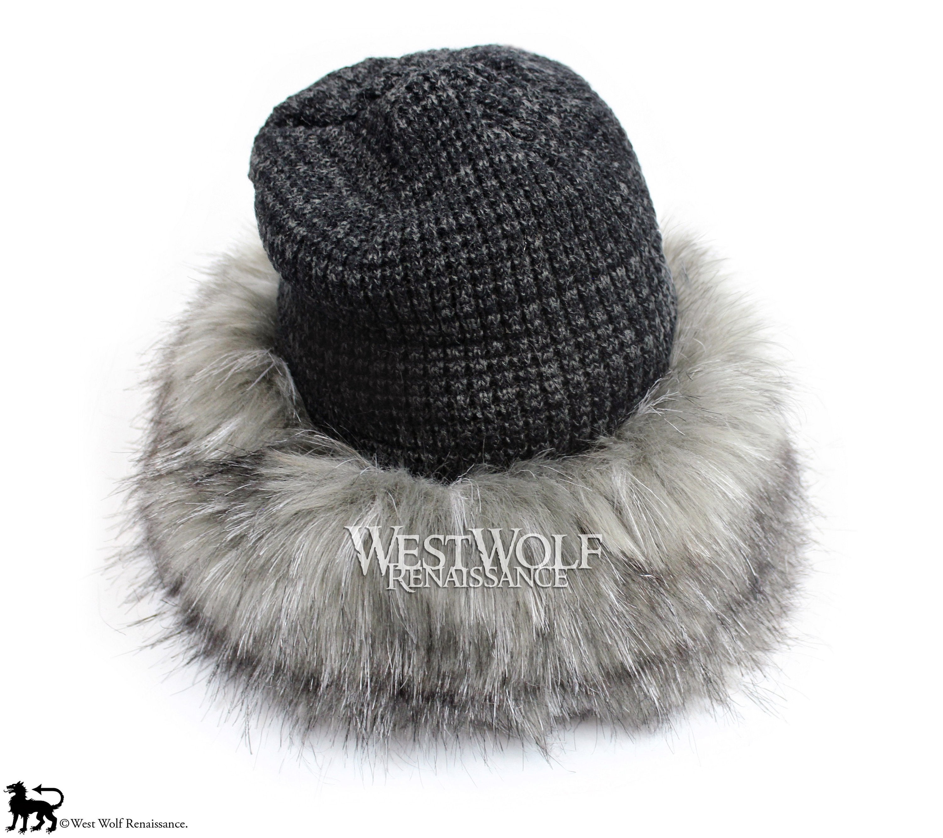 Grey Fox Fur Viking Hat with Woven Dark Grey Knit Top – West 