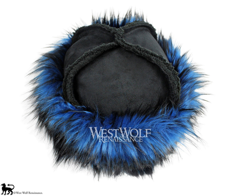 Blue and Black Dyed Fox Fur-Trimmed Viking Hat with Black Suede Top