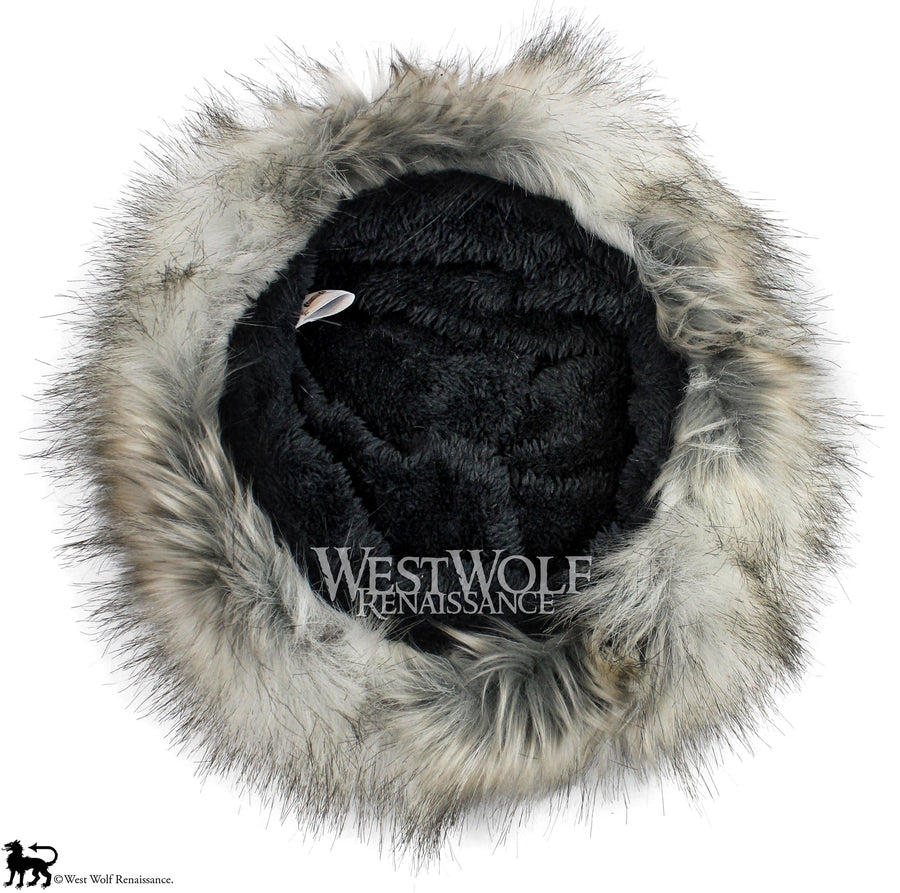 Silver Fox Fur Viking Hat with Woven Wine Red Knit Top
