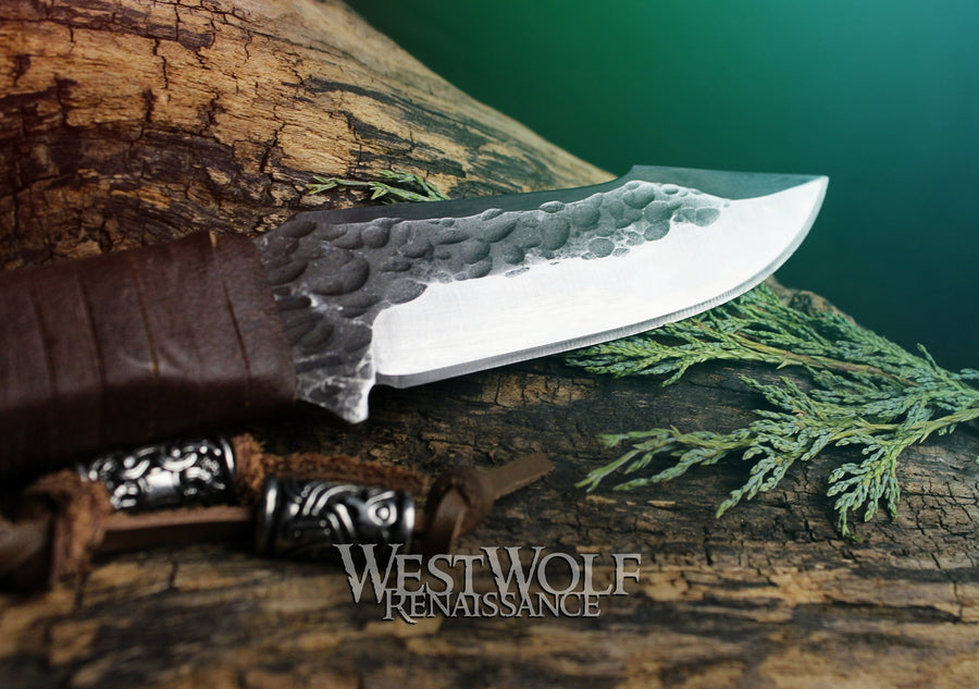 Hand-Forged Steel Viking Knife with Full-Tang Blade and Beads