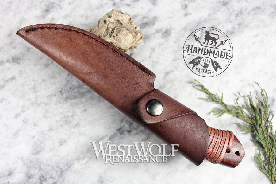 Hand-Forged Damascus Steel Knife with Rosewood Handle, Rattan Wrap, and Leather Sheath