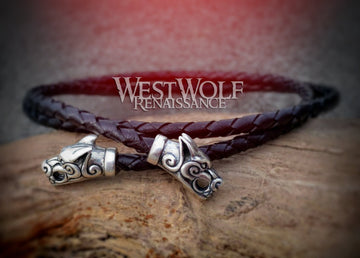 Viking Necklace Made for Pendants - Braided Black Leather Bolo with Wolf Head Terminals - 25 Inches