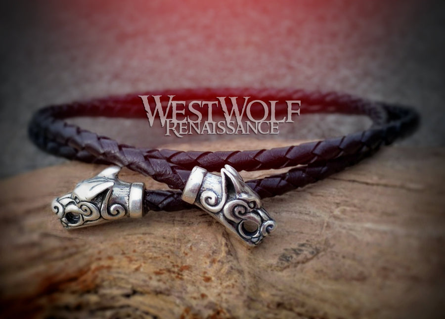 VIKING WOLF BRAIDED LEATHER BOLO, leather and pewter