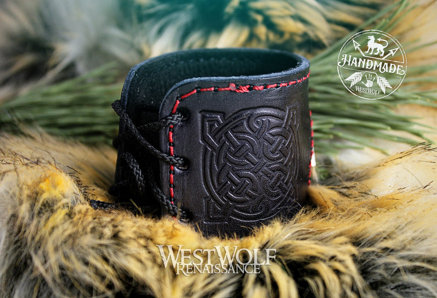 Leather Viking Valknut Bracelet or Wrist Cuff - Stitched Black & Red Leather