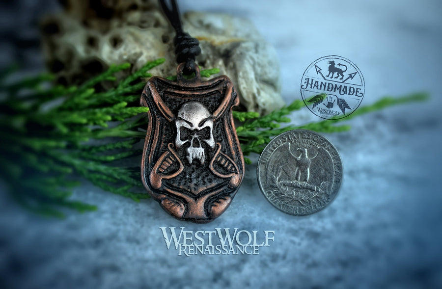Pirate Emblem Pendant with Skull and Crossed Swords - Made of Bronze or Stainless Steel