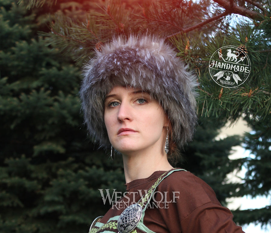 Grey Wolf Fur-Trimmed Viking Hat