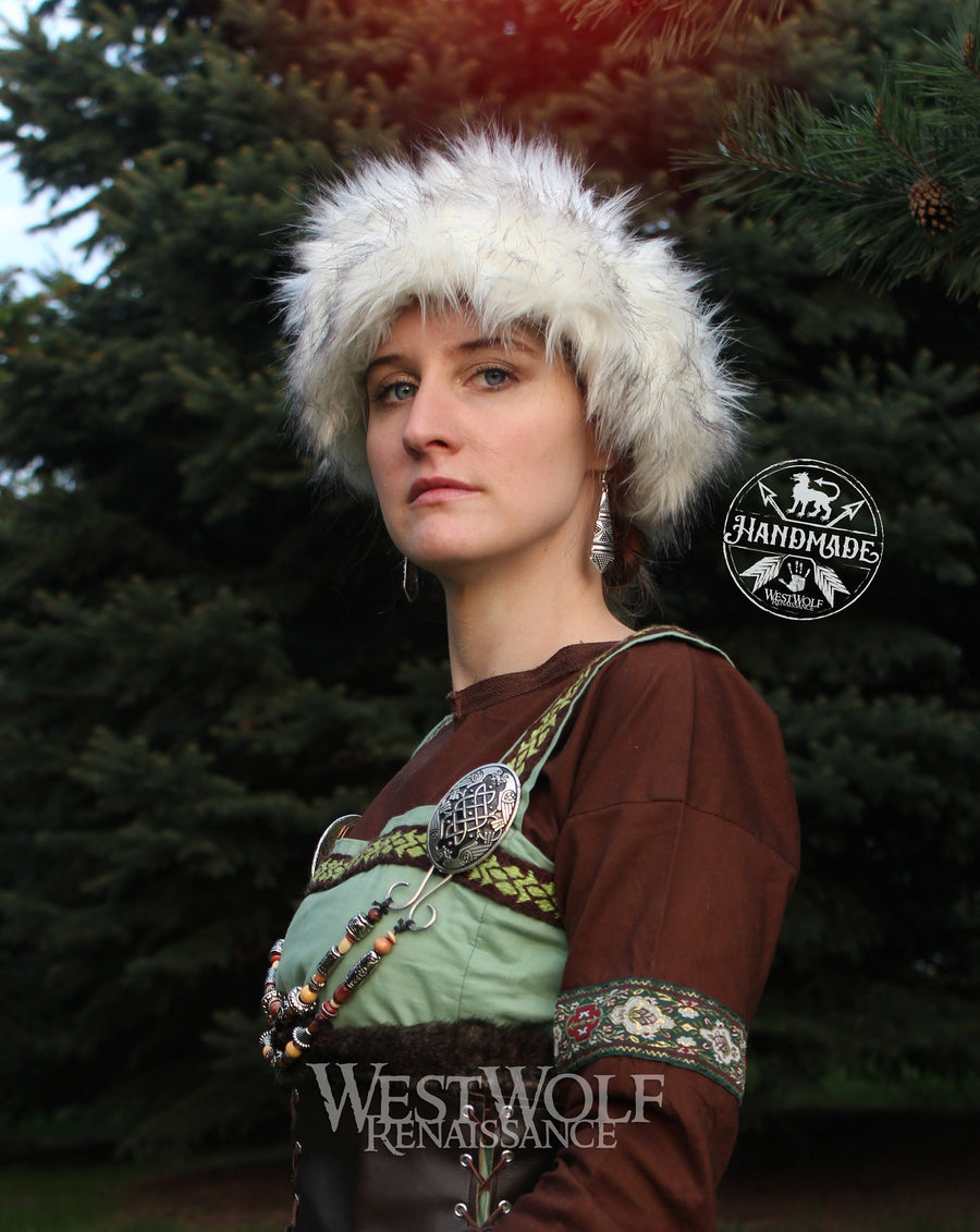 Winter Grey and White Fox Fur-Trimmed Viking Hat (Faux Fur)