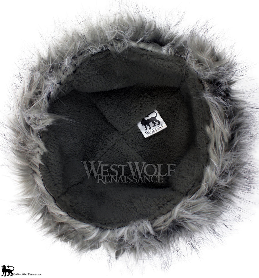 Grey Wolf Fur-Trimmed Viking Hat with Black Suede Top - Faux Fur