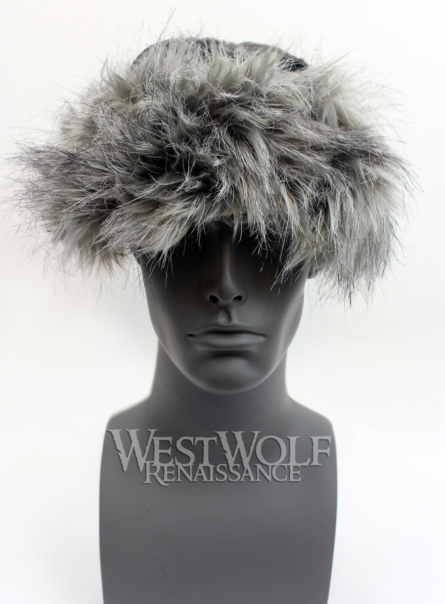 Grey Wolf Fur-Trimmed Viking Hat with Black Suede Top - Faux Fur