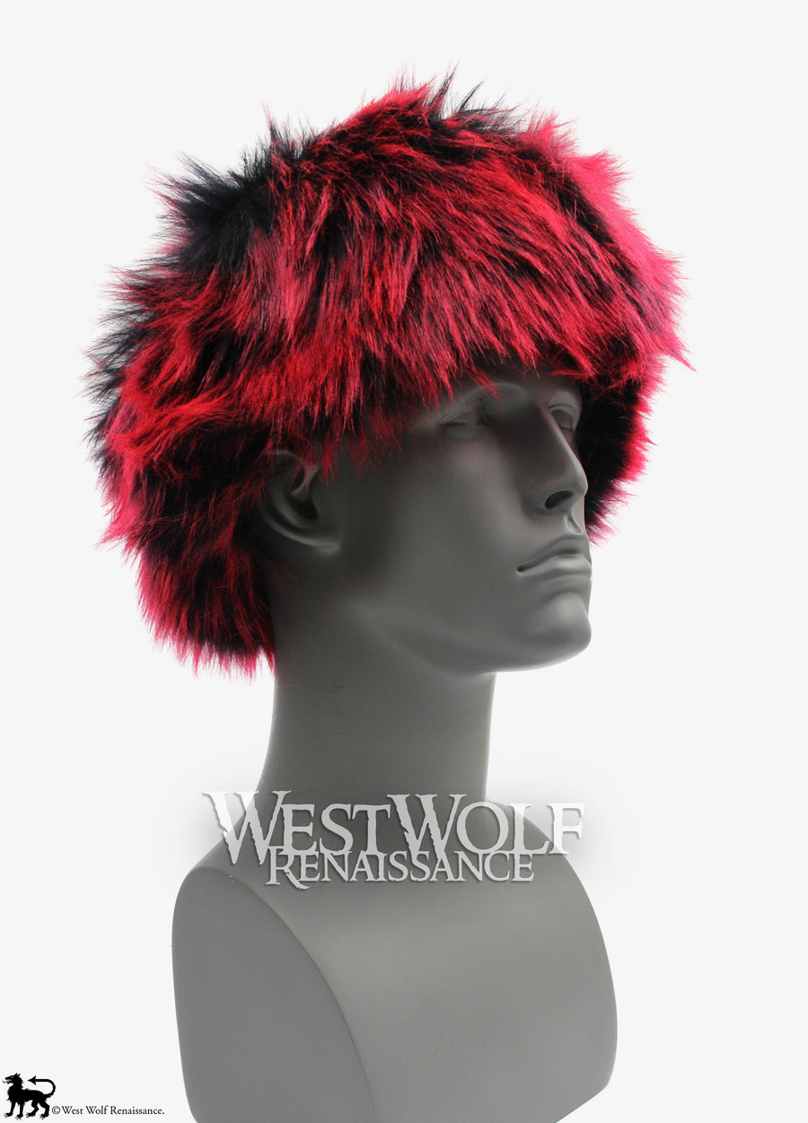 Intense Red and Black Dyed Fox Fur-Trimmed Viking Hat with Black Suede Top