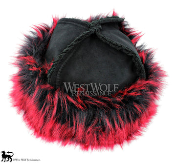 Intense Red and Black Dyed Fox Fur-Trimmed Viking Hat with Black Suede Top